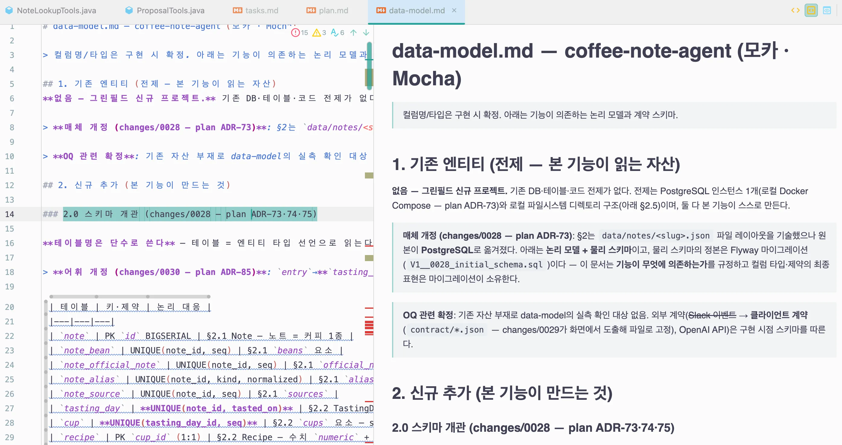 data-model.md 편집 화면. 기존 엔티티와 신규 추가 항목, 매체 개정과 OQ 확정 인용 블록이 보인다