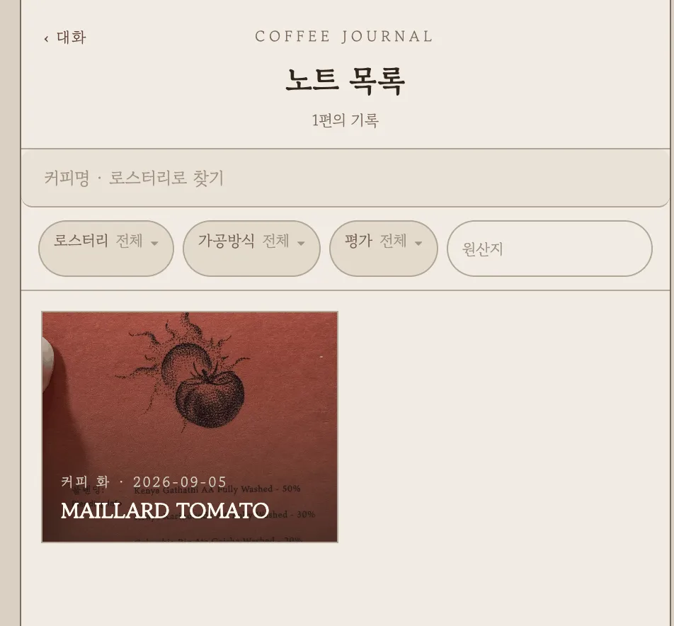 COFFEE JOURNAL 노트 목록. 검색창과 로스터리·가공방식·평가·원산지 필터 아래로 노트 타일이 놓여 있다